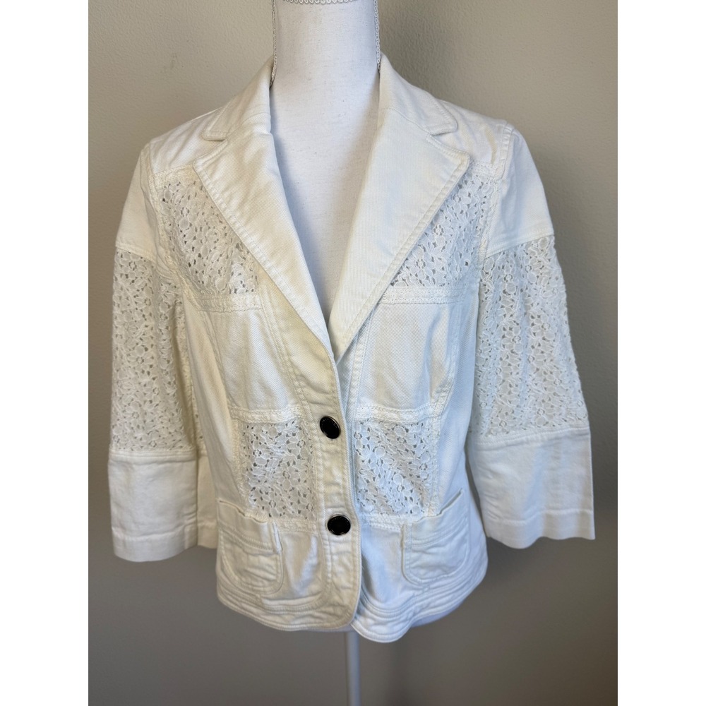 Bandolino White Eyelet Lace Inset Denim Blazer Jacket Cotton Sz 10 Boho Prairie
